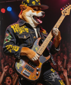 Photograph Of A Shiba Inu Dressed As A Rockstar Playing Electric Guitar On Stage With Enthusiastic Audience
