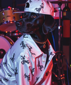 Photograph Of A Black Labrador Dog In A Shiny White Gangsta Print Shirt And Matching Cap Set Against A Stage