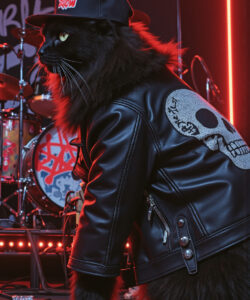 Photograph Of A Black Cat Wearing A Black Leather Jacket With Skull Design Red Lighting And A Drum Set Background