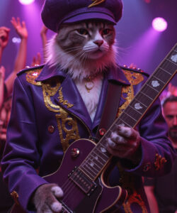 Photograph Of A Cat Dressed As A Rockstar In A Purple Jacket With Gold Embroidery Playing An Electric Guitar
