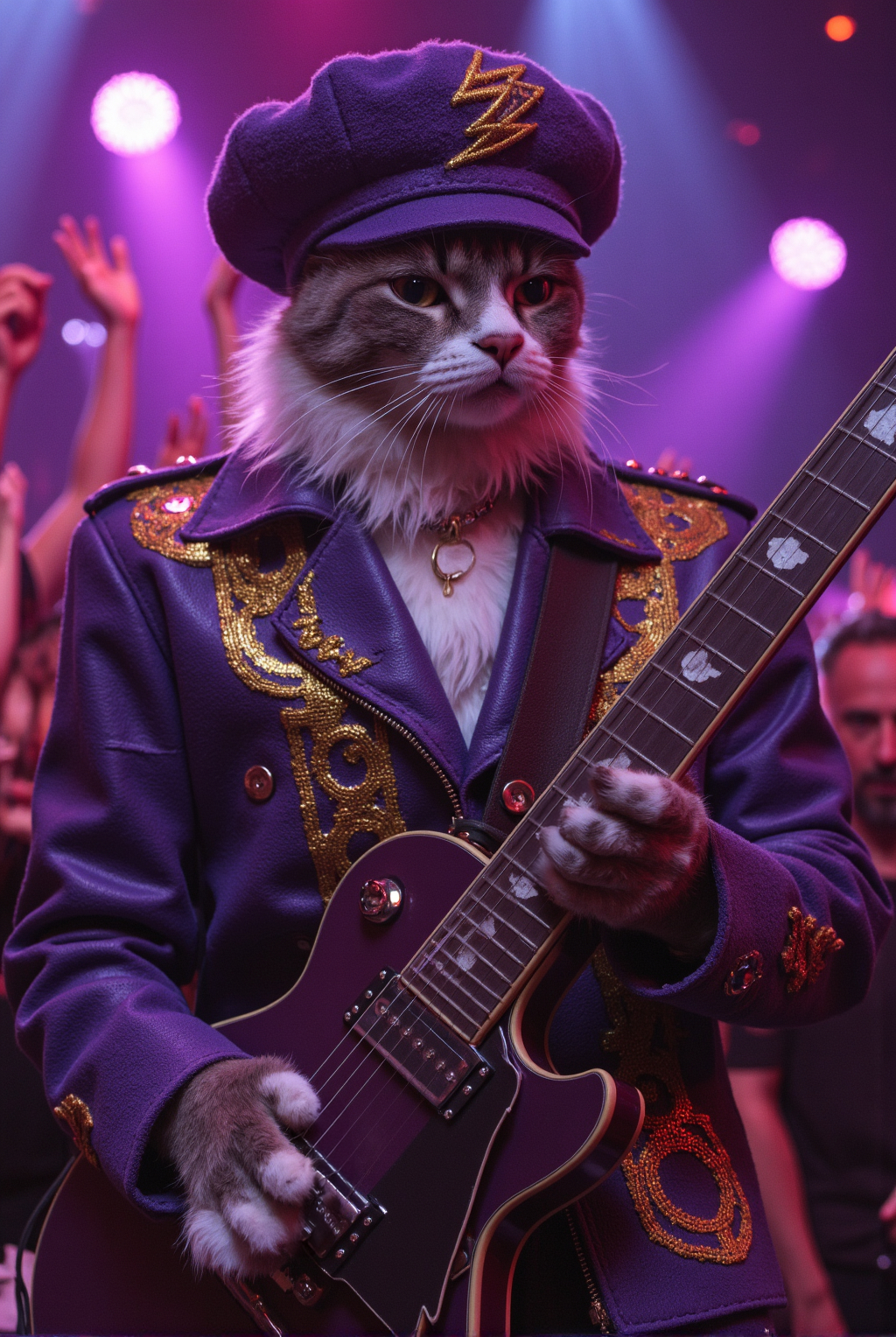 Photograph Of A Cat Dressed As A Rockstar In A Purple Jacket With Gold Embroidery Playing An Electric Guitar