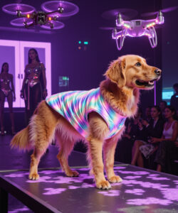 Photograph Of A Golden Retriever Wearing A Neon Rainbow Patterned Shirt Standing On A Stage With Drones And Fashion Models