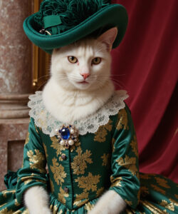 Photograph Of A White Cat In A Lavish Green And Gold Baroque Dress Adorned With A Blue Gemstone Brooch