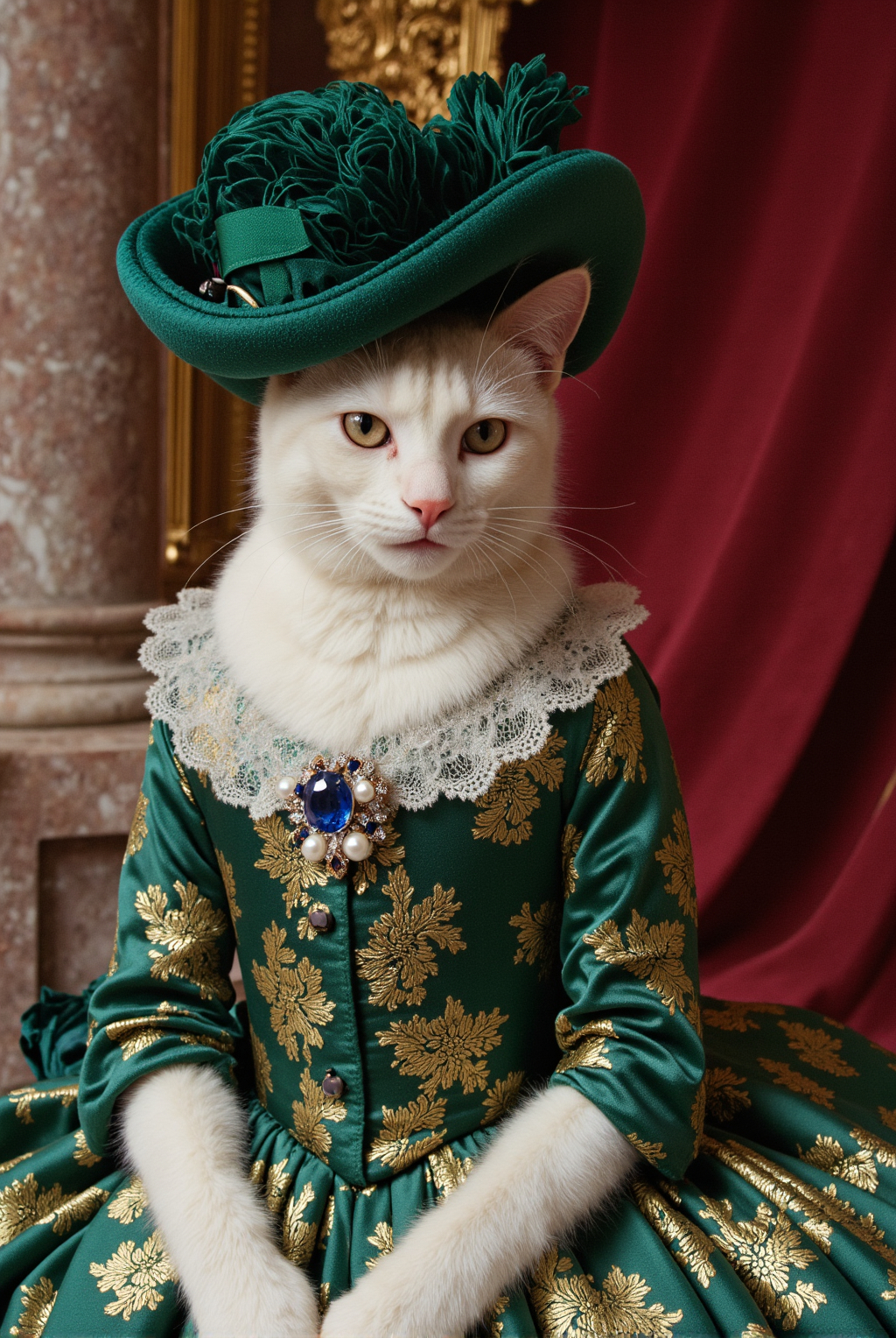 Photograph Of A White Cat In A Lavish Green And Gold Baroque Dress Adorned With A Blue Gemstone Brooch