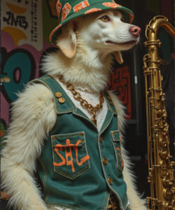 Photograph Of A White Dog In A Green Vest With Orange SHC Patch Orange Bandana Gold Chain And Saxophone