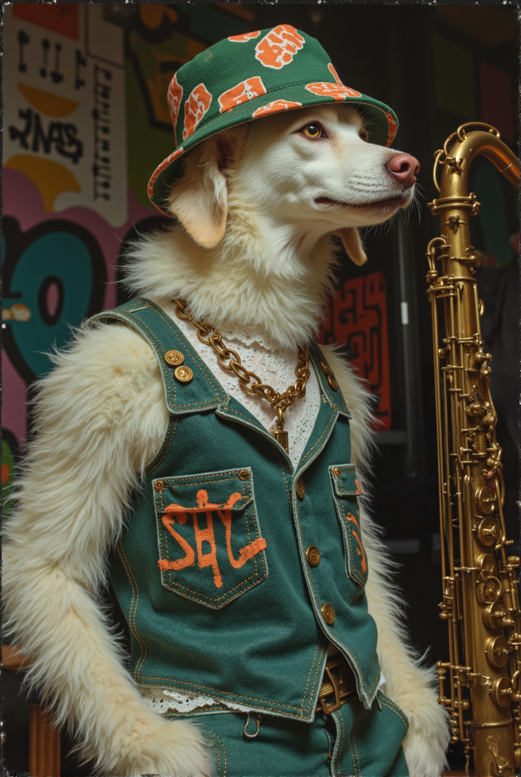 Photograph Of A White Dog In A Green Vest With Orange SHC Patch Orange Bandana Gold Chain And Saxophone