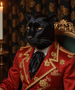 Photorealistic CGI Of A Black Panther In A Regal Red And Gold Victorian Era Suit Set Against Ornate Dark Curtains