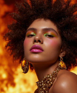 A Black Woman With Afro Hair Vivid Eye Eye Makeup And Gold Jewelry Against A Fiery