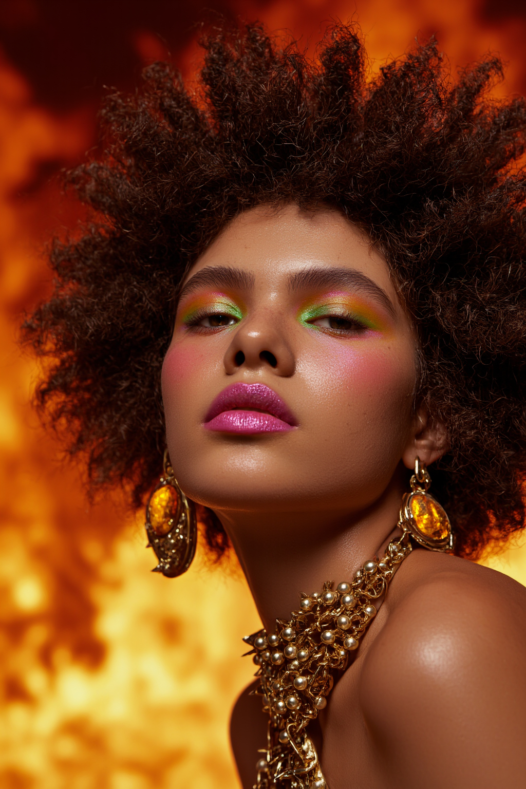 A Black Woman With Afro Hair Vivid Eye Eye Makeup And Gold Jewelry Against A Fiery