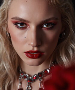A Blonde Woman With Intense Makeup Red Lipstick And Red Jewelry Against A Dark