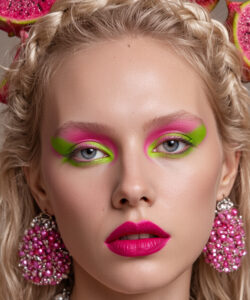 A Blonde Woman With Vibrant Green And And Pink Eyeshadow Braided Hair And Pearl