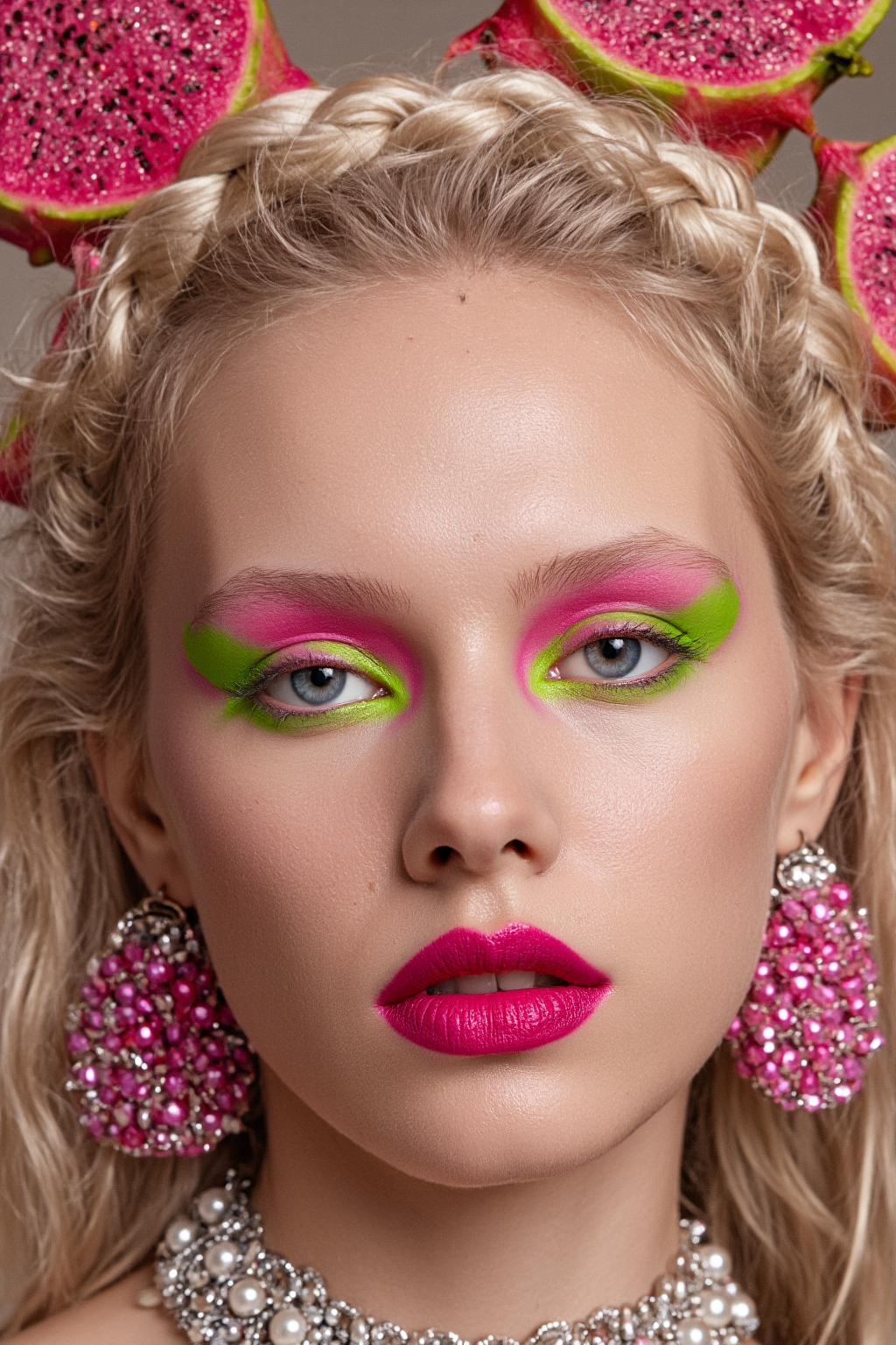 A Blonde Woman With Vibrant Green And And Pink Eyeshadow Braided Hair And Pearl