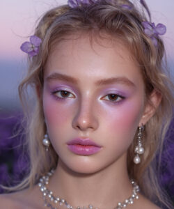 A Fair Skinned Blonde Woman With Delicate Purple Eye Makeup Pearl Jewelry And Floral