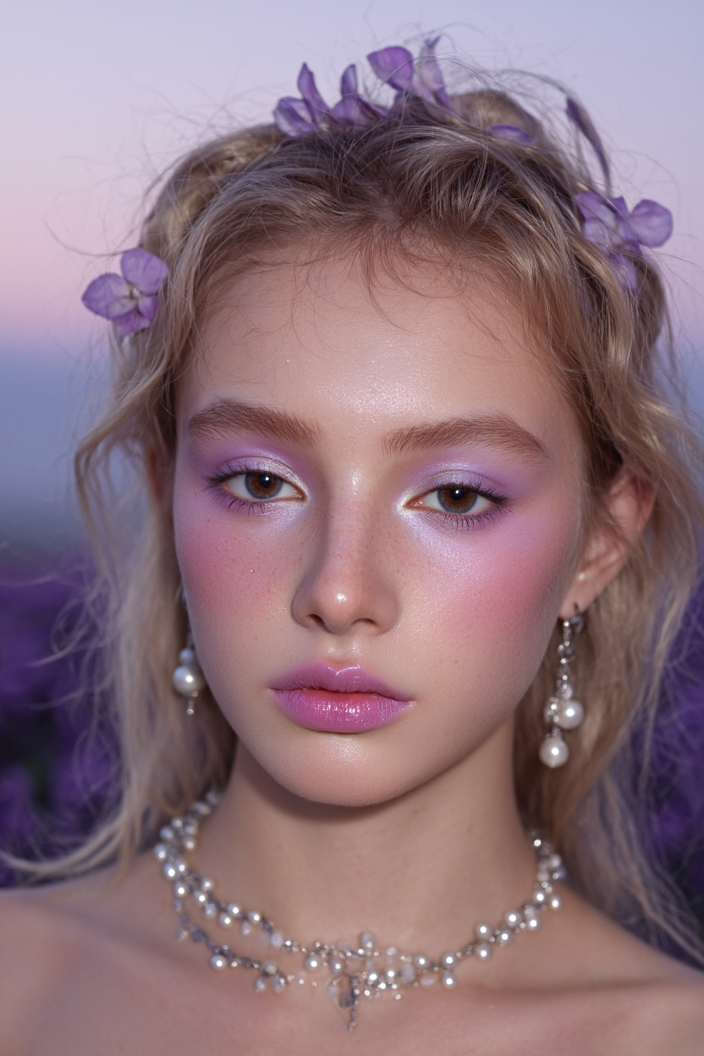 A Fair Skinned Blonde Woman With Delicate Purple Eye Makeup Pearl Jewelry And Floral