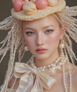 A Fair Skinned Blonde Woman With Pearl Accessories Wearing A Macaron Hat And A