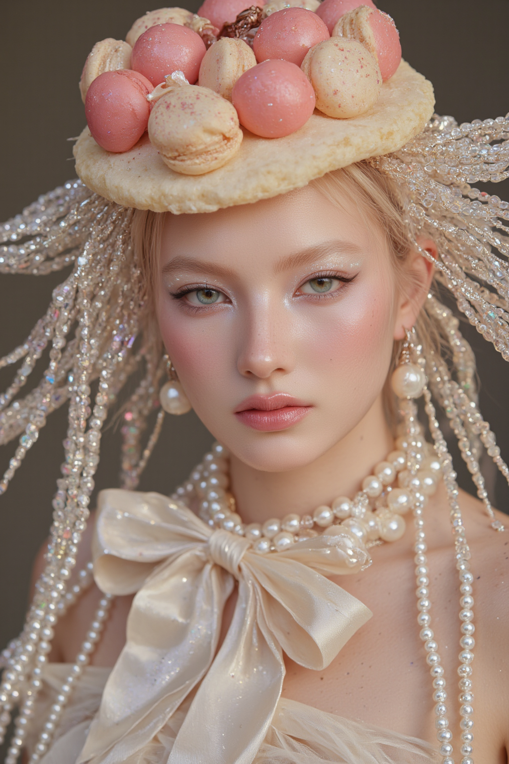 A Fair Skinned Blonde Woman With Pearl Accessories Wearing A Macaron Hat And A