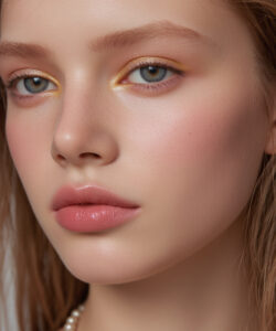 A Fair Skinned Blue Eyed Young Woman With Light Brown Hair Wearing Subtle Makeup And A