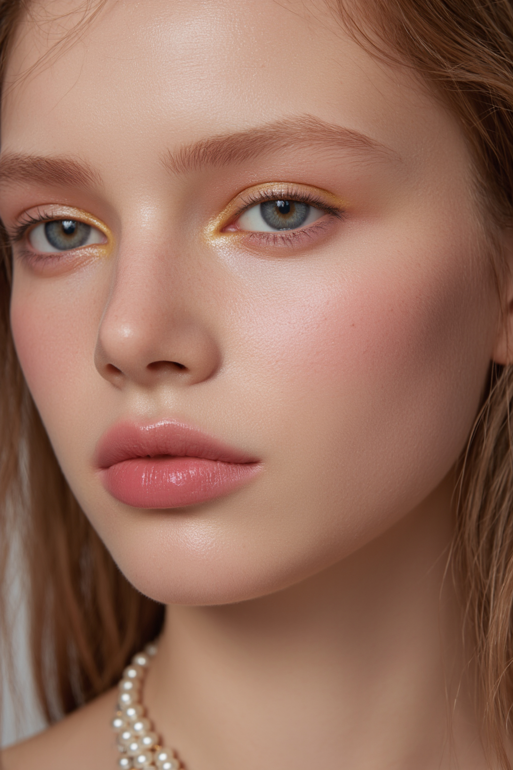 A Fair Skinned Blue Eyed Young Woman With Light Brown Hair Wearing Subtle Makeup And A