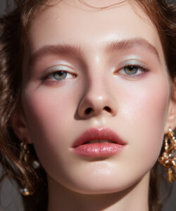 A Fair Skinned Woman With Blue Eyes Glossy Glossy Pink Lips And Light Makeup Against A