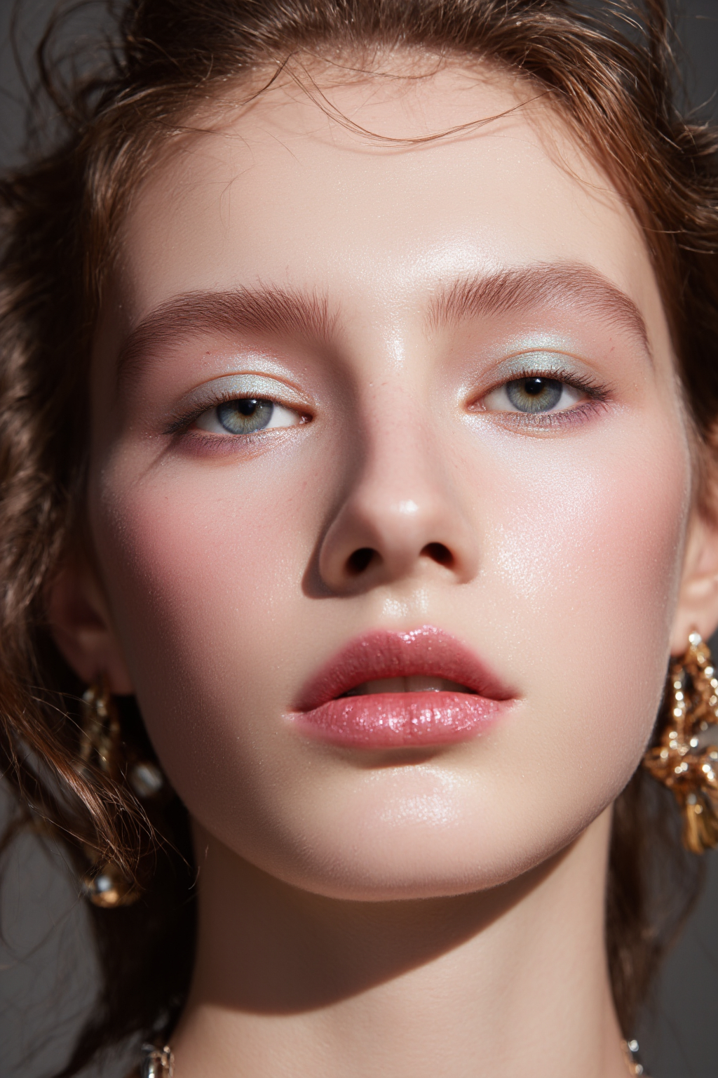 A Fair Skinned Woman With Blue Eyes Glossy Glossy Pink Lips And Light Makeup Against A