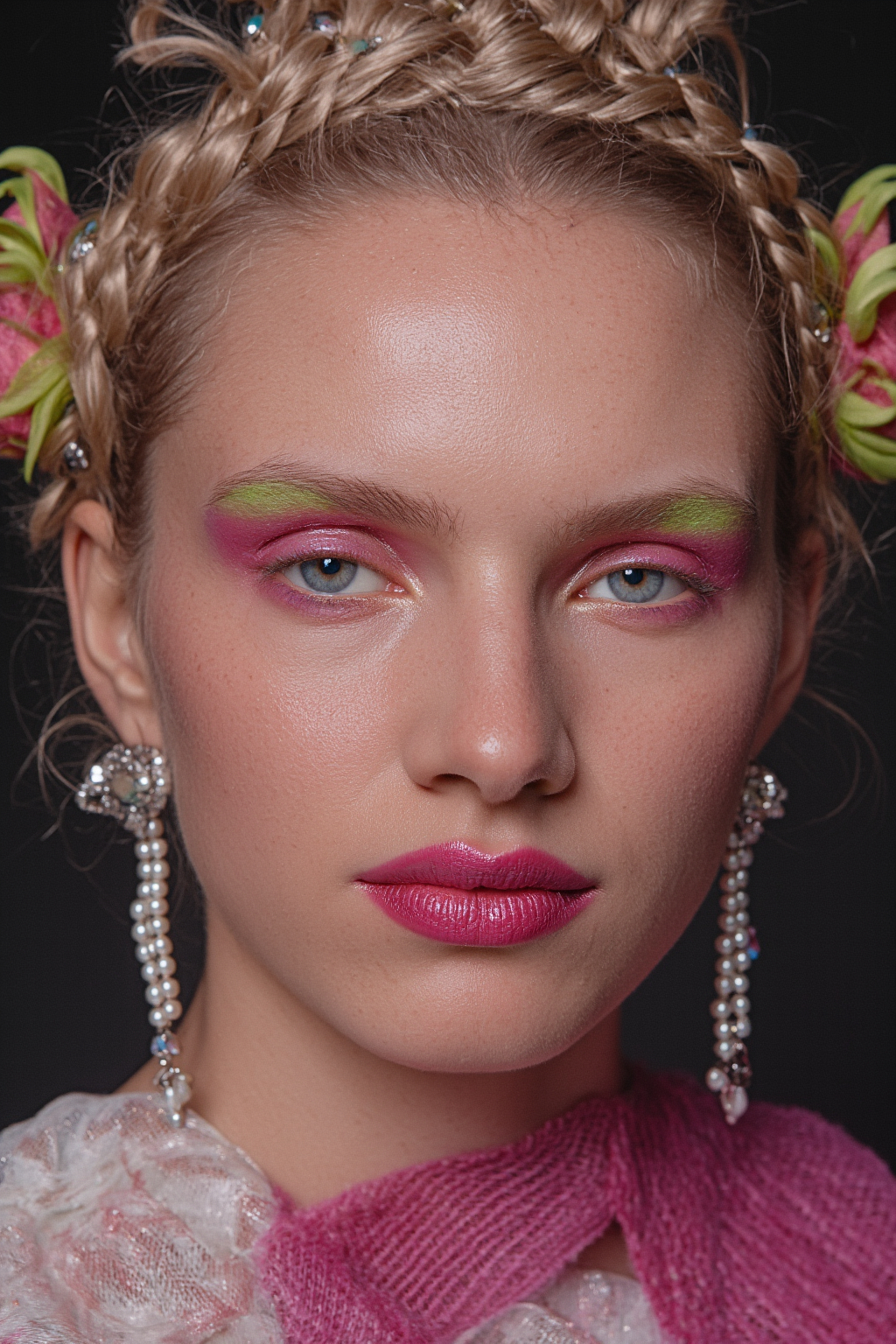 A Fair Skinned Woman With Braided Hair Vibrant Makeup And Pearl Earrings Against A