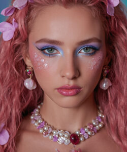 A Fair Skinned Woman With Pink Hair Hair Wearing Glittery Makeup Pearl And Gemstone