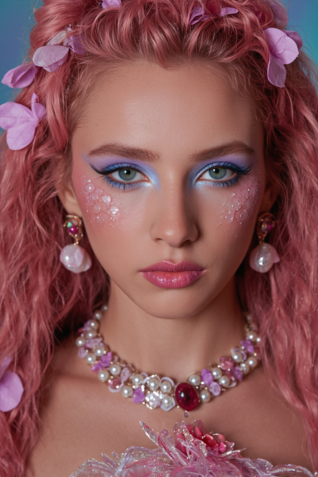 A Fair Skinned Woman With Pink Hair Hair Wearing Glittery Makeup Pearl And Gemstone