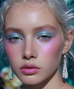 A Fair Skinned Woman With Platinum Blonde Blonde Hair Adorned In Shimmering Blue And
