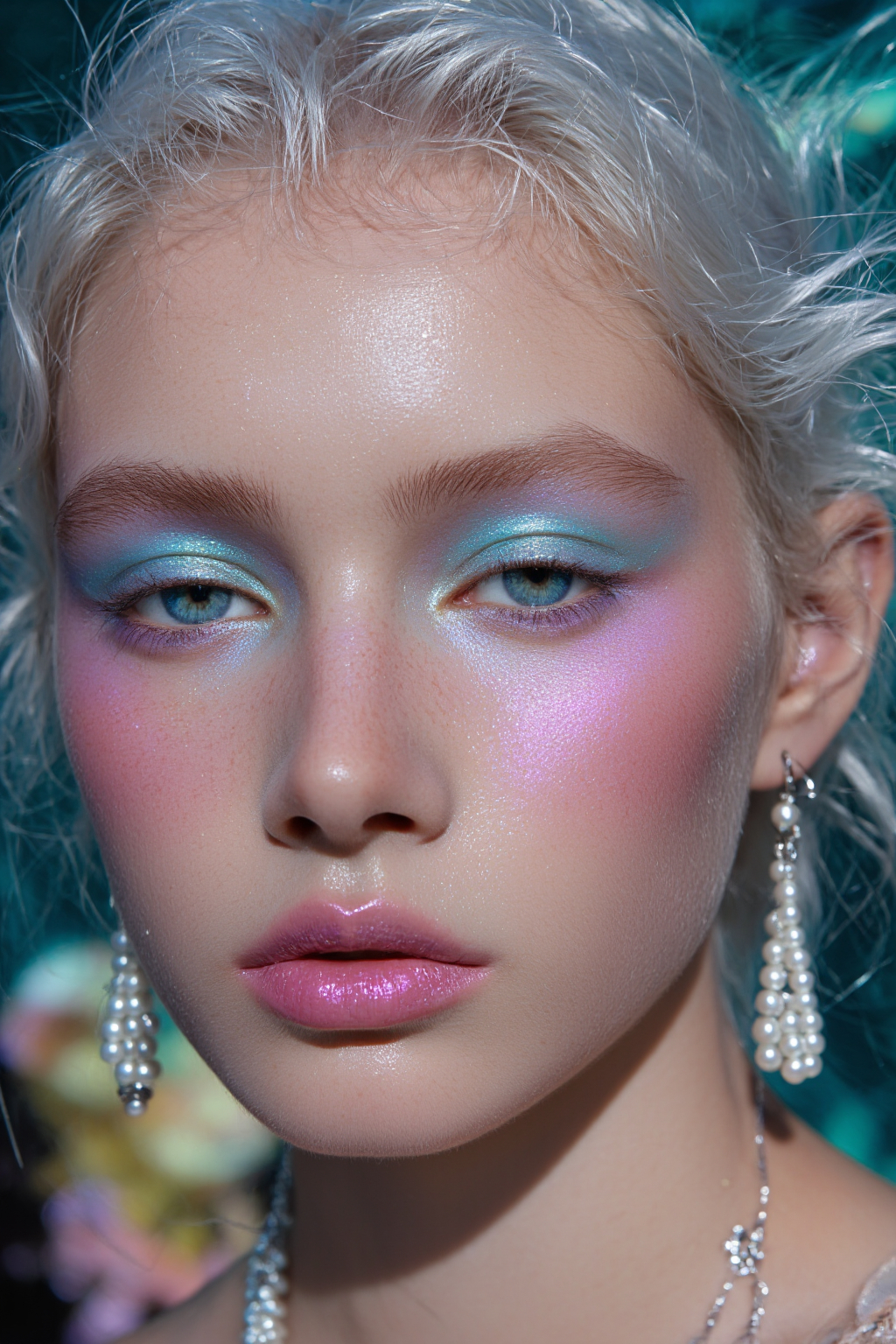 A Fair Skinned Woman With Platinum Blonde Blonde Hair Adorned In Shimmering Blue And