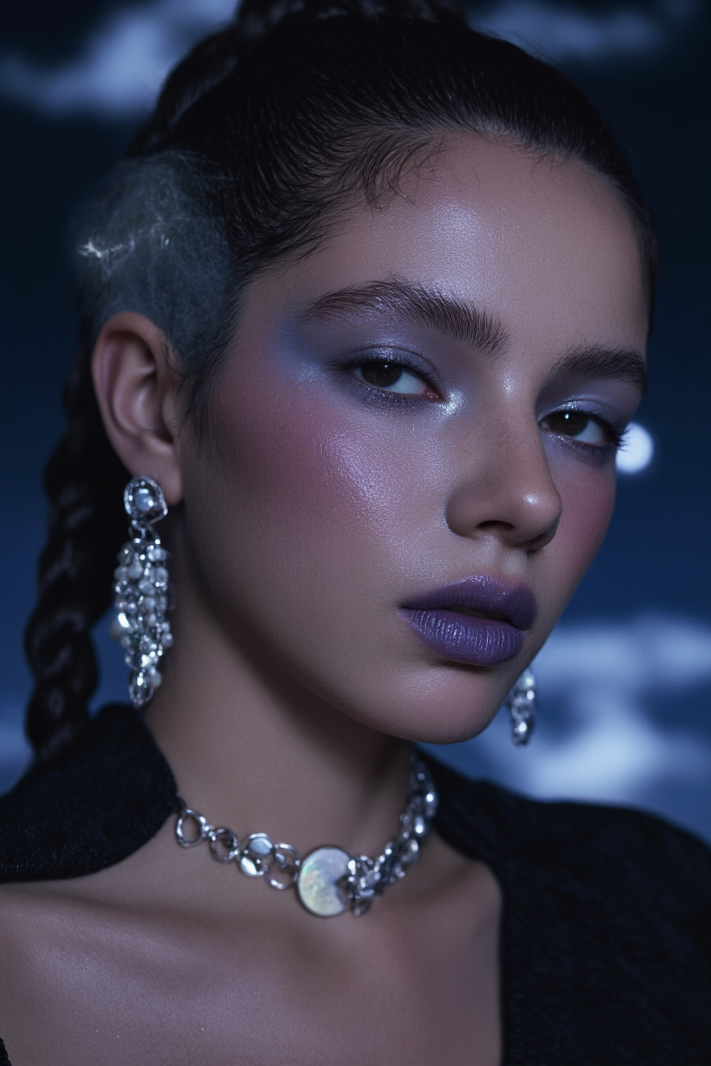 A Woman With Braided Hair Purple Eyeshadow Eyeshadow And Silver Jewelry Against A Dark