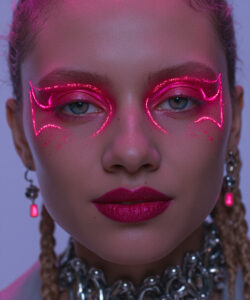 A Woman With Glowing Red Makeup Braids Braids And Metallic Jewelry Against A Purple