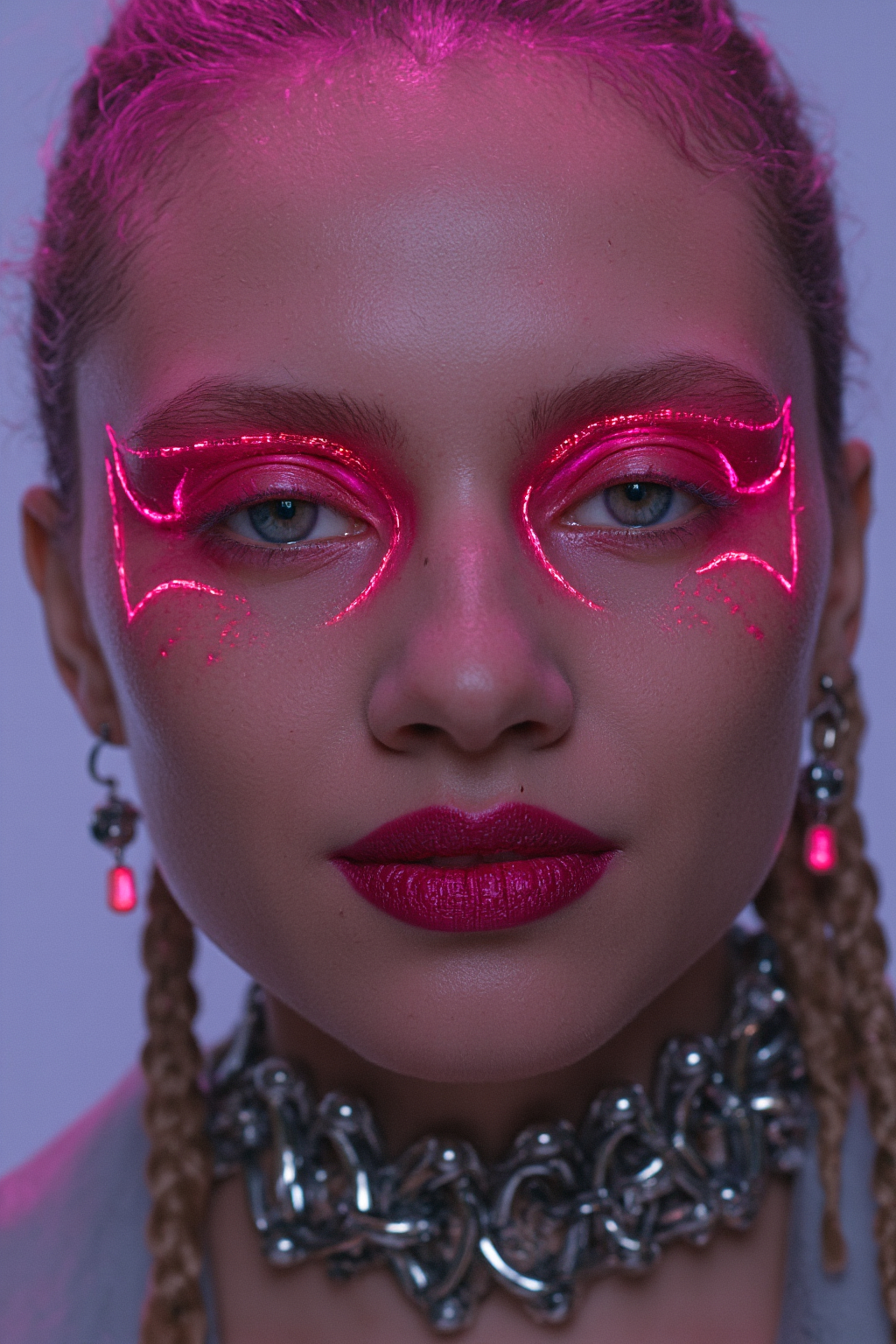 A Woman With Glowing Red Makeup Braids Braids And Metallic Jewelry Against A Purple