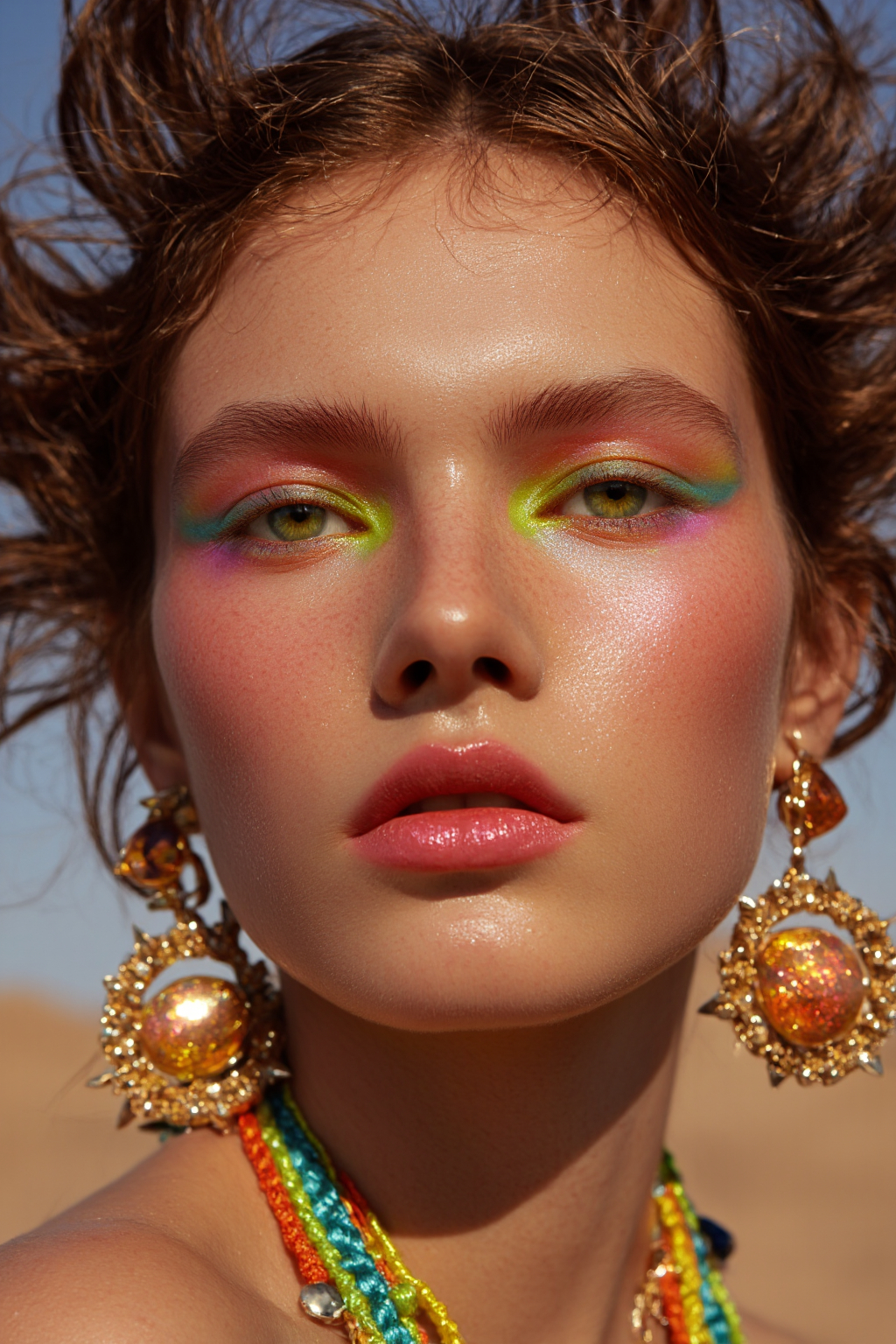A Woman With Vibrant Rainbow Eyeshadow Shiny Skin And Colorful Jewelry Set Against A