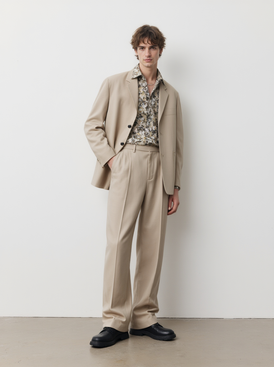 A Young Man In A Beige Suit Floral Shirt Black Shoes Against A Plain White Background