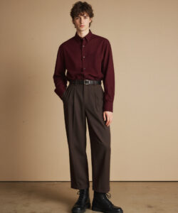 A Young Man In A Burgundy Shirt Dark Dark Brown Pants Black Boots Standing Against A