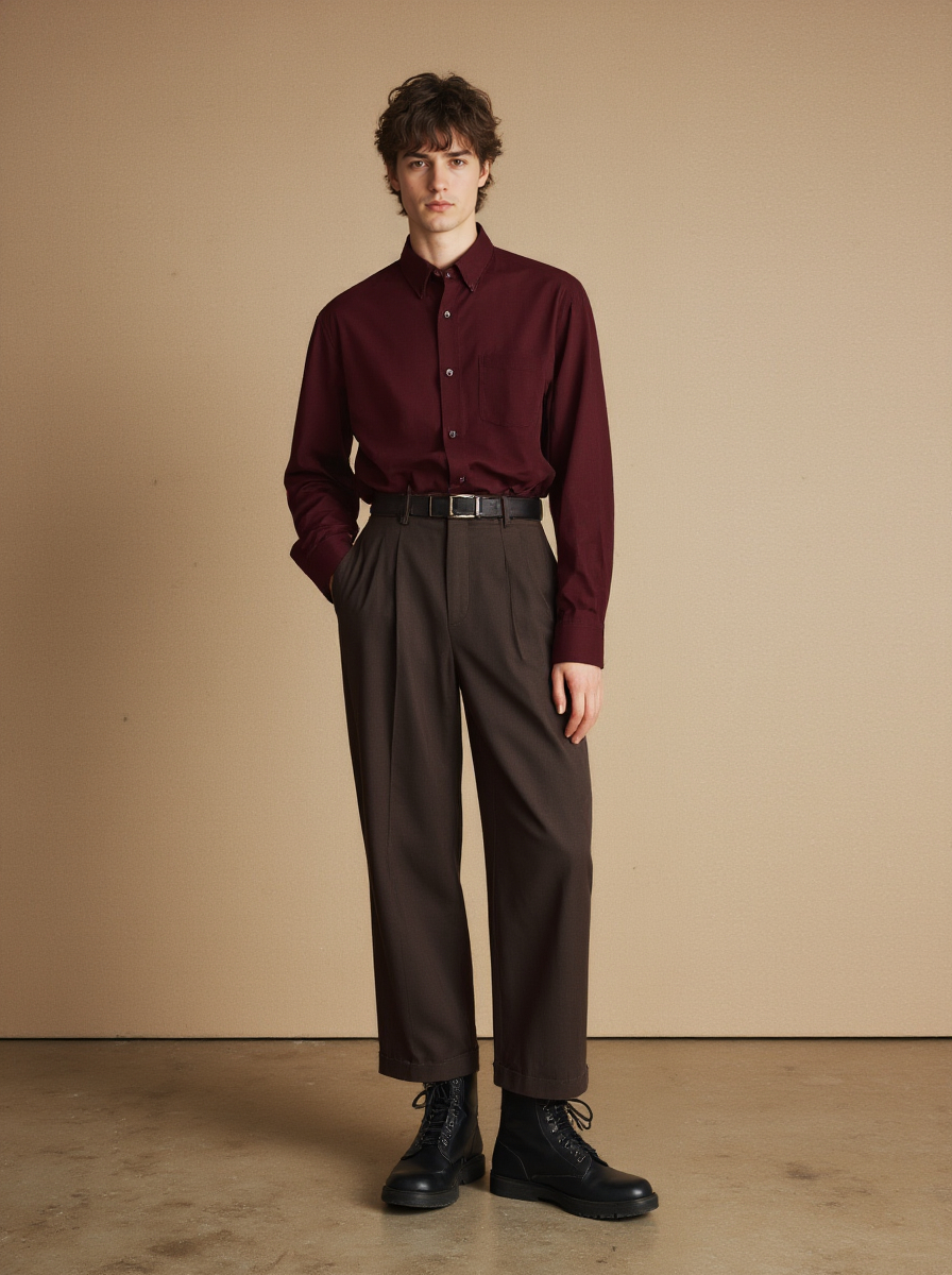 A Young Man In A Burgundy Shirt Dark Dark Brown Pants Black Boots Standing Against A