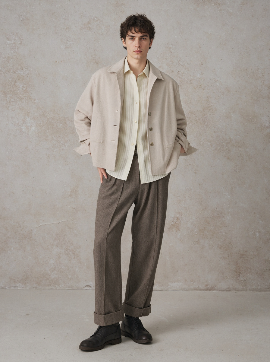 A Young Man With Curly Hair Wearing A A Beige Jacket Striped Shirt Brown Pants And