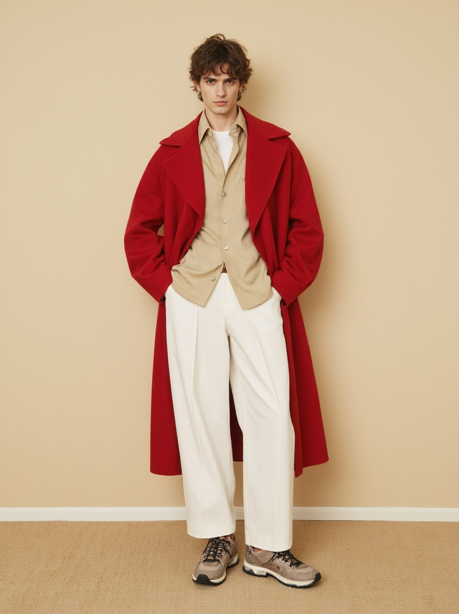 A Young Man With Curly Hair Wearing A A Red Coat Beige Shirt White Pants And