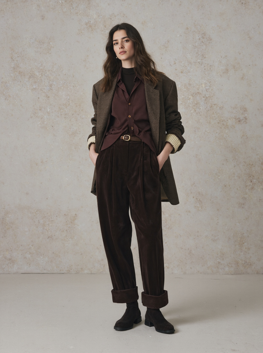 A Young Woman In A Brown Velvet Suit Suit Long Wavy Hair Standing Against A Textured