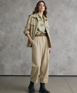 A Young Woman In Beige Safari Style Style Outfit Black Boots Against A Textured