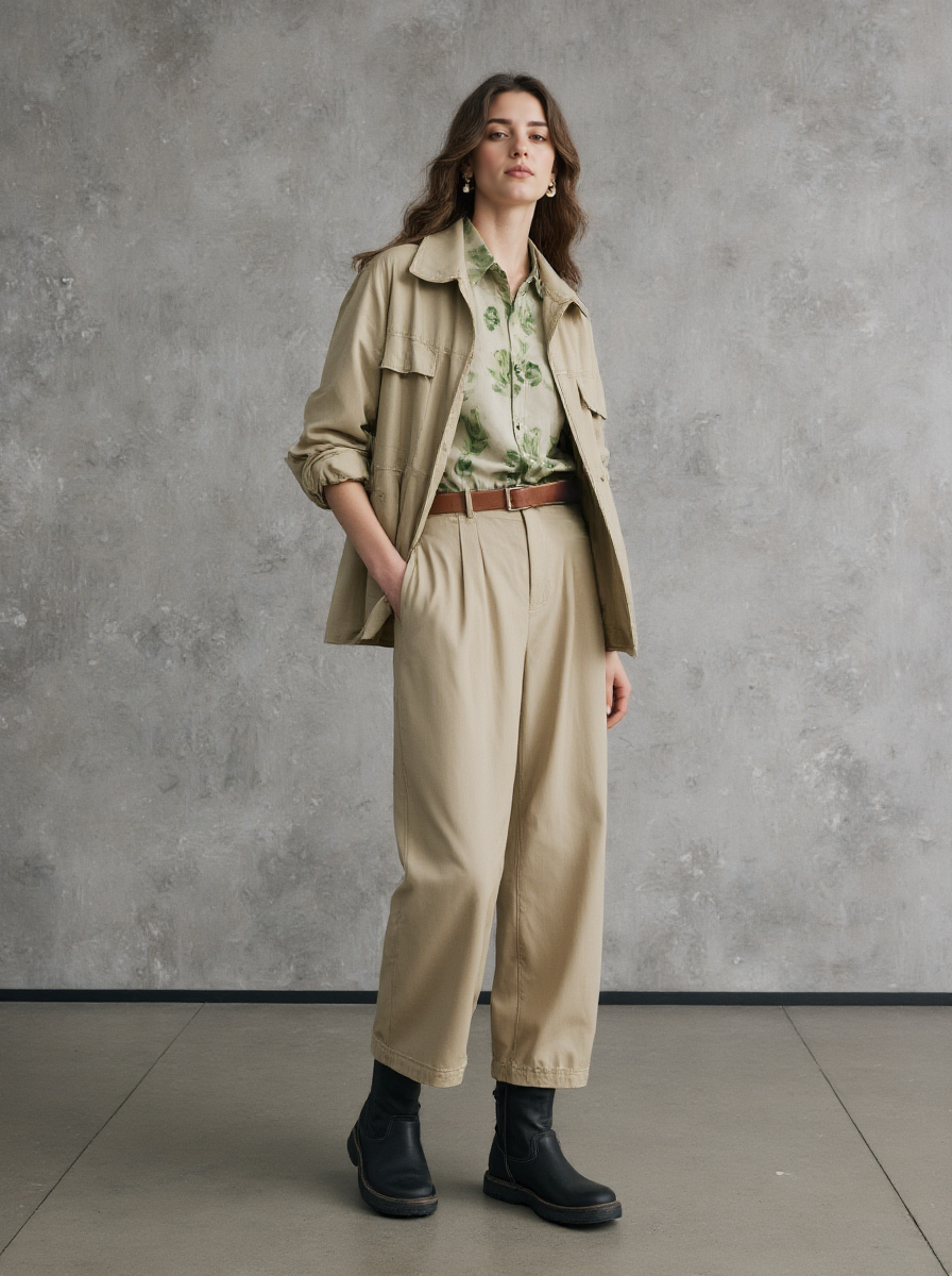 A Young Woman In Beige Safari Style Style Outfit Black Boots Against A Textured
