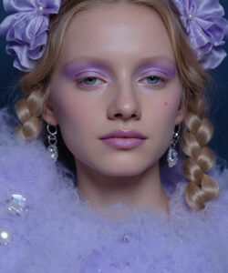 A Young Woman With Braided Blonde Hair Hair Lavender Makeup Silver Crown And Purple
