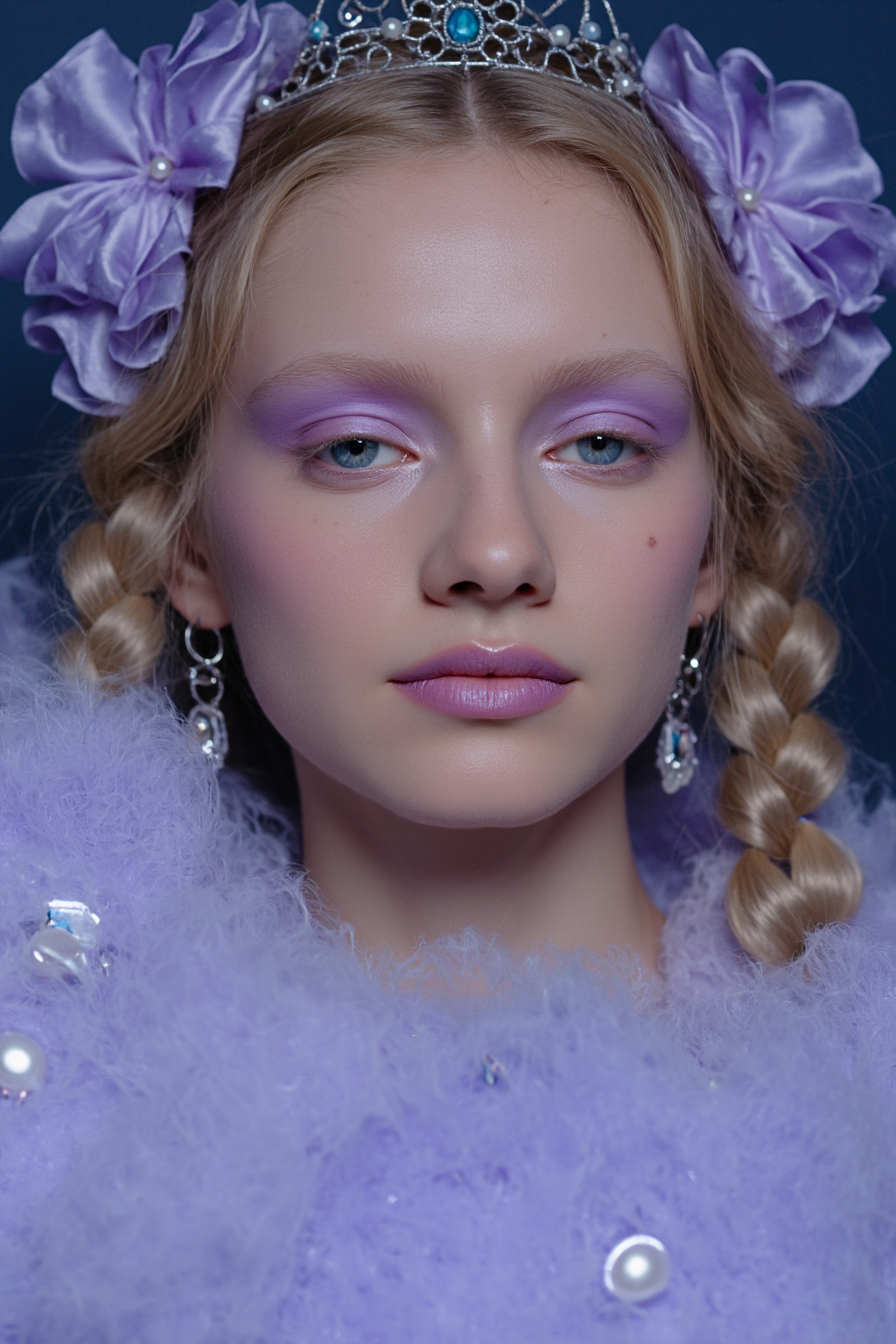 A Young Woman With Braided Blonde Hair Hair Lavender Makeup Silver Crown And Purple