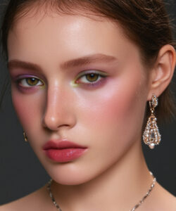 A Young Woman With Fair Skin And And Brown Hair Wearing Purple Eyeshadow Pink