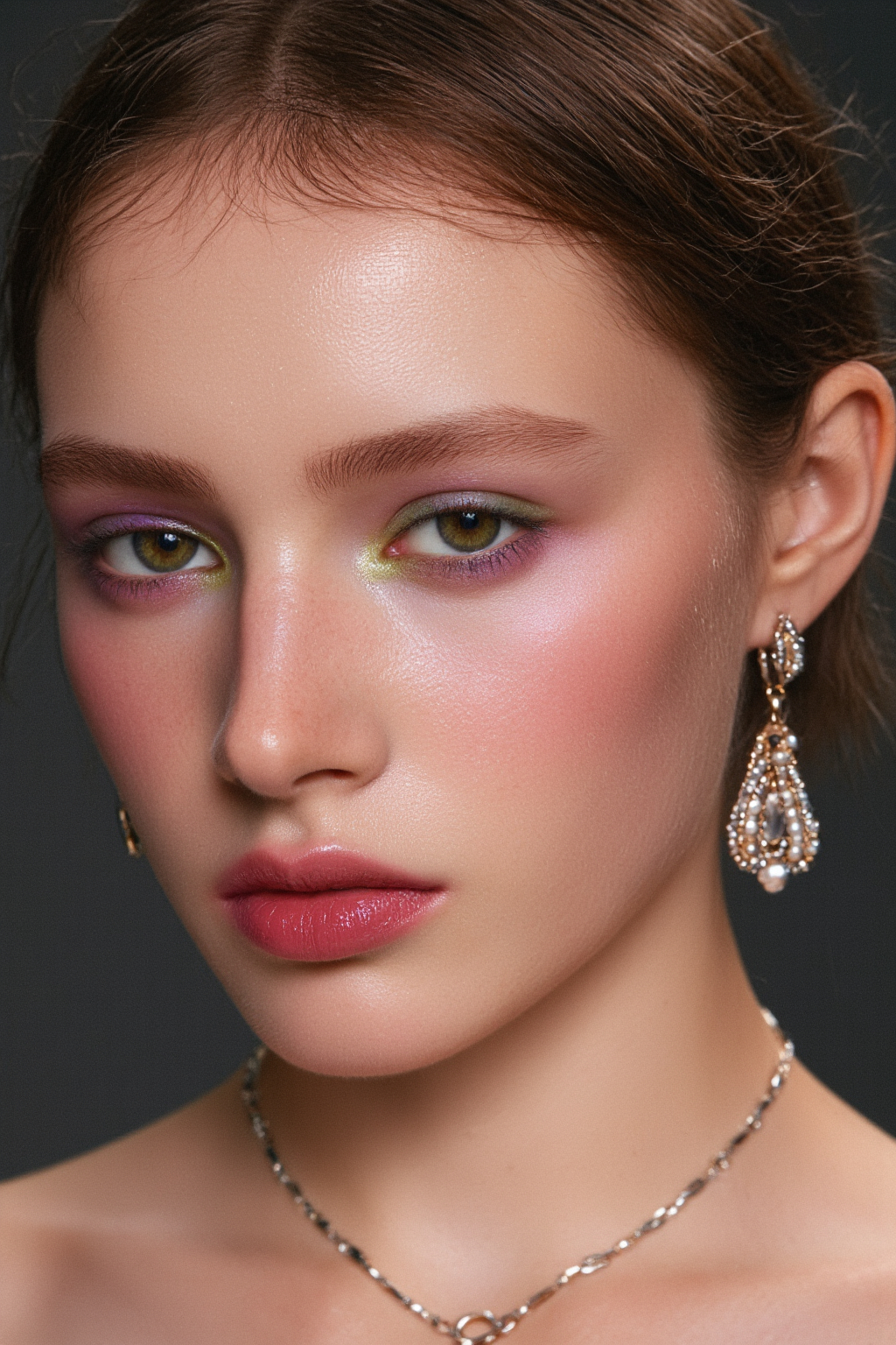 A Young Woman With Fair Skin And And Brown Hair Wearing Purple Eyeshadow Pink