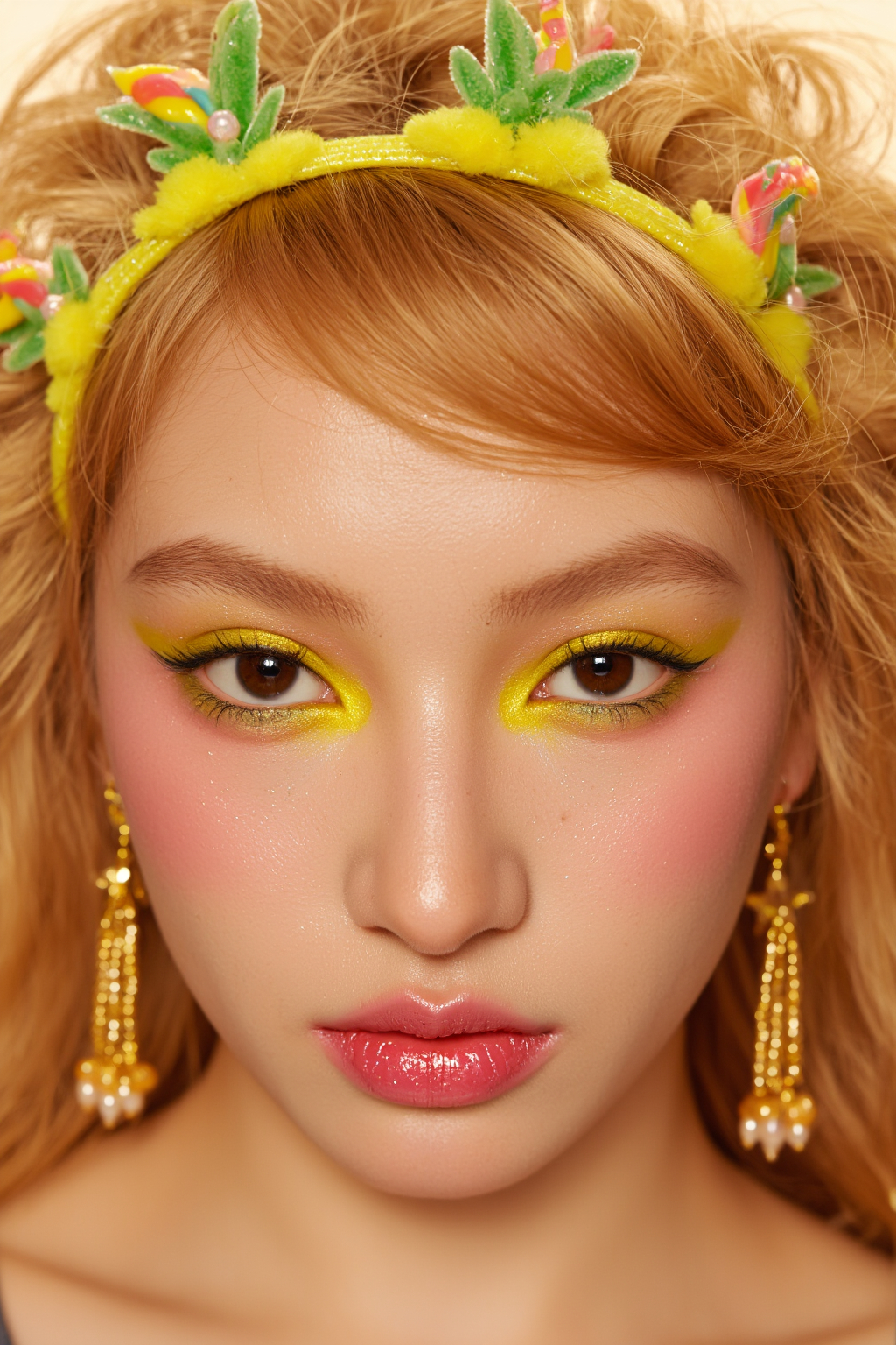 A Young Woman With Fair Skin Vibrant Vibrant Yellow And Green Floral Headband Matching