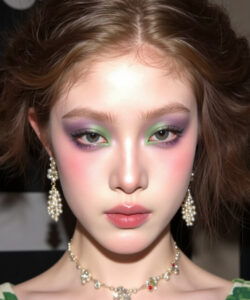 A Young Woman With Vibrant Green And And Purple Eyeshadow Pearl Earrings And A