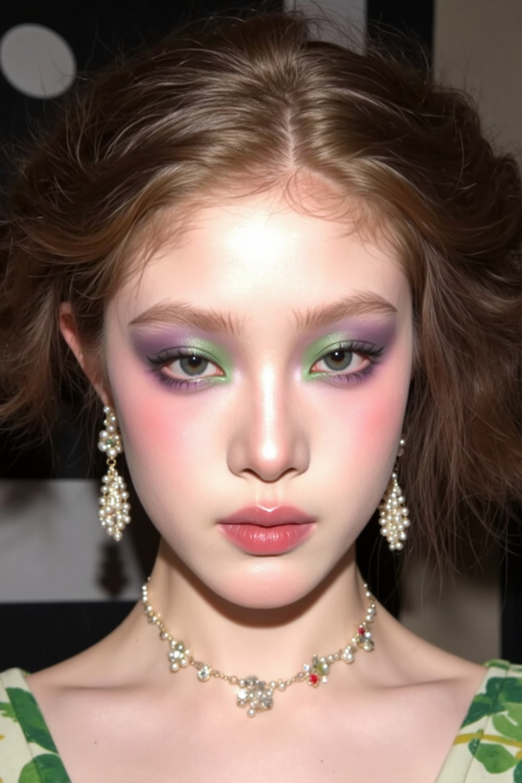 A Young Woman With Vibrant Green And And Purple Eyeshadow Pearl Earrings And A