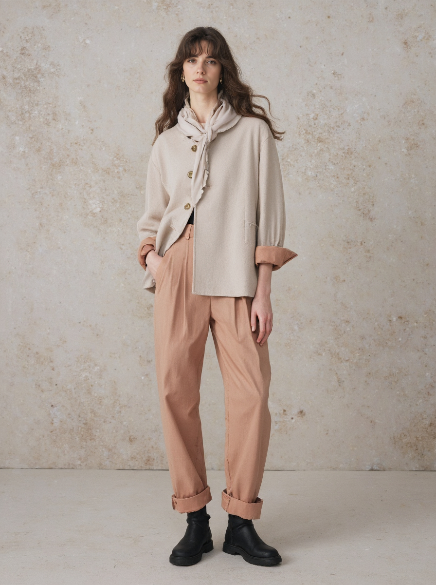 A Young Woman With Wavy Brown Hair Wearing Wearing A Beige Coat Scarf Pink Pants And