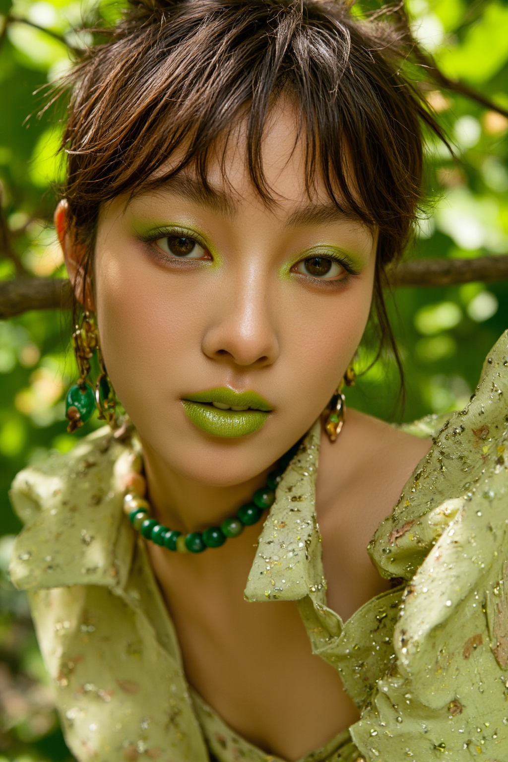 An Asian Woman With Green Makeup Green Green Lipstick And A Green Beaded Necklace